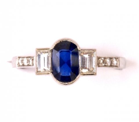 Sapphire, baguette diamond and platinum ring 1997 £2950 - N.Bloom & Son