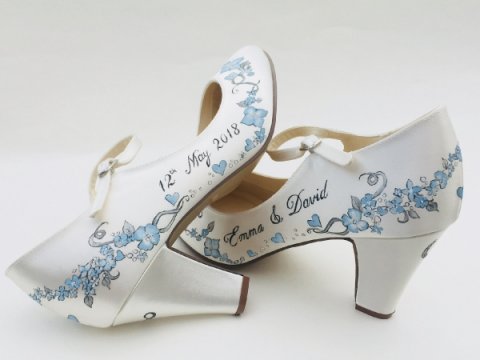 blue floral design with wedding names and date - Beautiful Moment hand painted wedding shoes