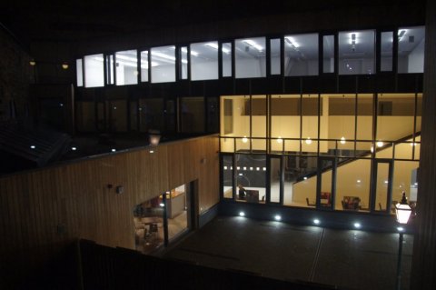 The internal courtyard by night - Maryhill Burgh Halls