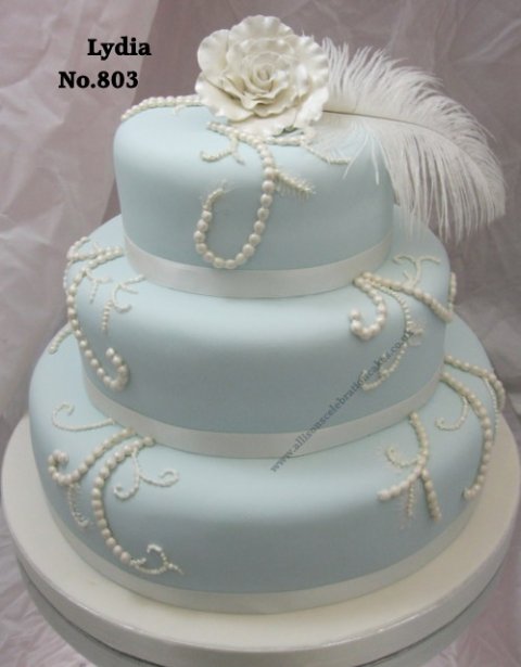 No. 803 A three tier cake . With pearlerised beading and feathers - Allison's Celebration Cakes