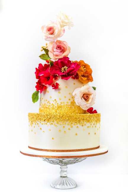 Decedent in Gold sequins and Red Roses wedding cake - Cobi & Coco Cakes