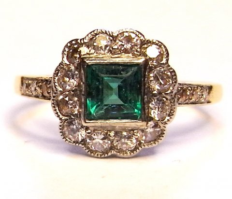 Edwardian Colombian emerald and diamond ring £1250 - N.Bloom & Son
