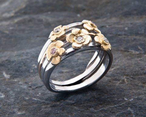 18ct white gold wedding ring with pink and white diamonds and recycled gold flowers - Claire Troughton Fine Jewellery Design 