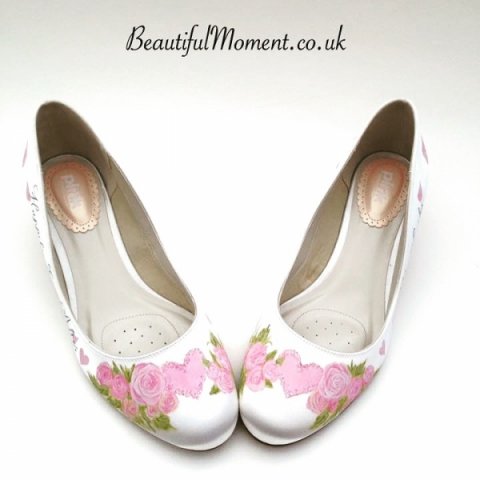 Pink hearts and roses design - Beautiful Moment hand painted wedding shoes
