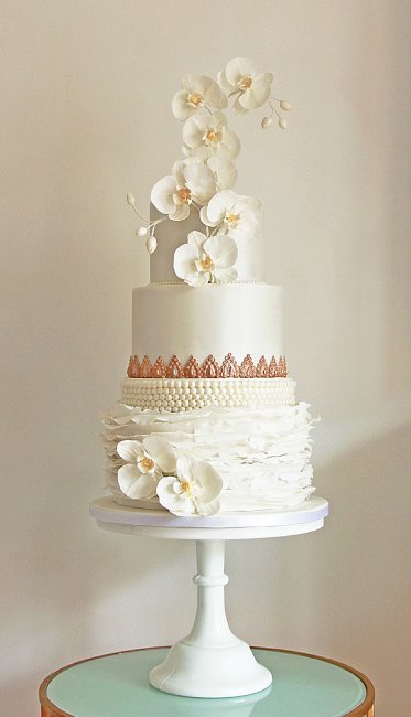 Orchids, Pearls and Ruffles Wedding cake with vintage gold. - Cobi & Coco Cakes
