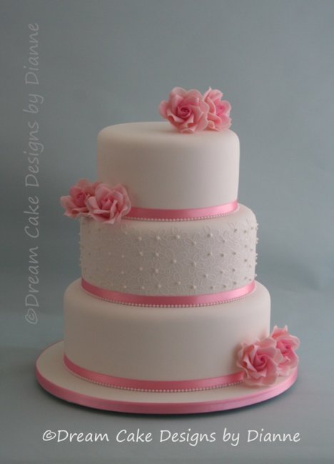 3 Tier White Wedding Cake with edible Victoriana Cake Lace with hand piped detailand pink sugar roses - Dream Cake Designs (Dianne Stanley)