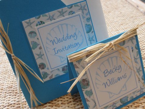 Seaside themed invitation and place card - Bee-Mine Wedding Stationery