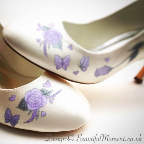 lilac roses and butterflies design - Beautiful Moment hand painted wedding shoes