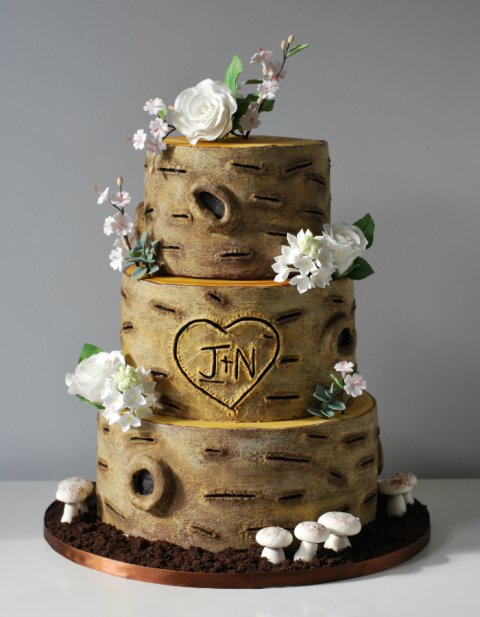 Woodland tree trunk wedding cake with handcrafted sugar flowers - Little Bear Cakery