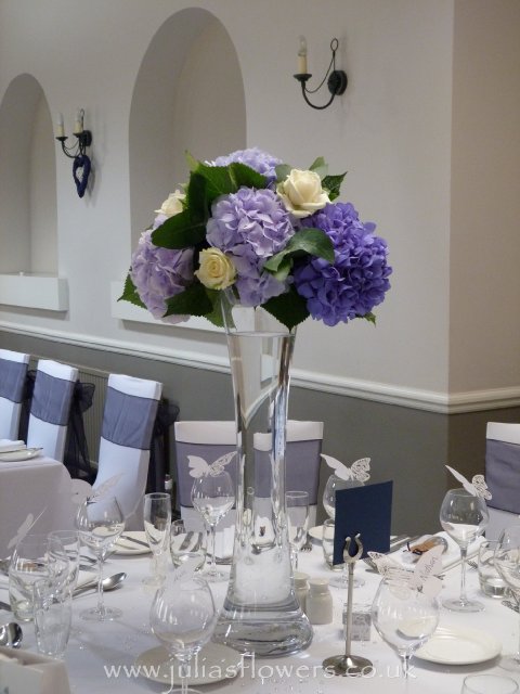 Hydrangea & Rose Tall Vase Table centre - Julia Dilworth Florals