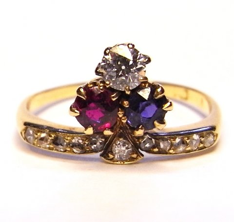 Edwardian cockade ring c1900 diamond, ruby and sapphire £1350 - N.Bloom & Son