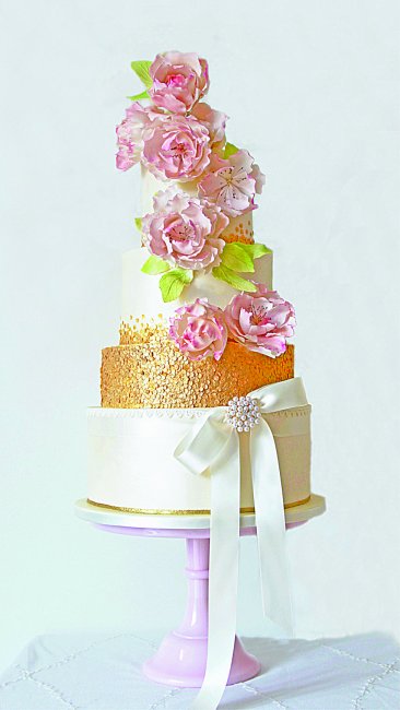 Blush Peonies on a shimmer wedding cake with gold sequins - Cobi & Coco Cakes