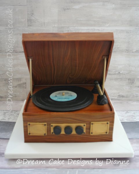Novelty style Wedding Cake ~ Retro Record player with personalised record label .. edible walnut veneer casing - Dream Cake Designs (Dianne Stanley)