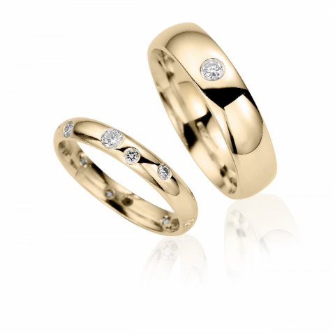 Yellow gold and scattered diamond matching wedding rings - Claire Troughton Fine Jewellery Design 