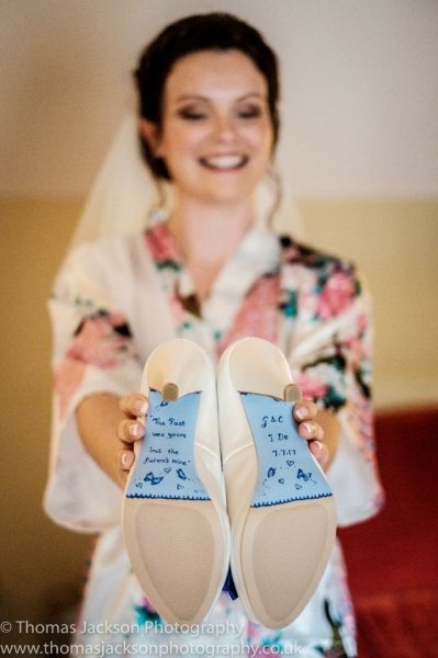 Blue painted soles with wording - Beautiful Moment hand painted wedding shoes