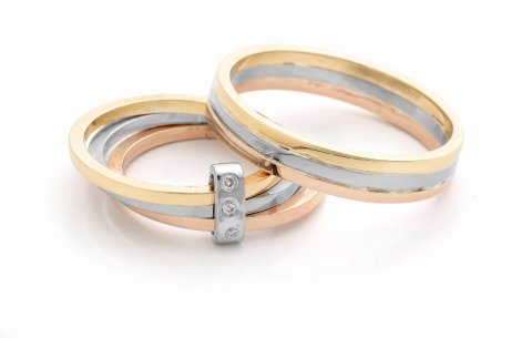 Red, white and yellow gold matching wedding rings - Claire Troughton Fine Jewellery Design 