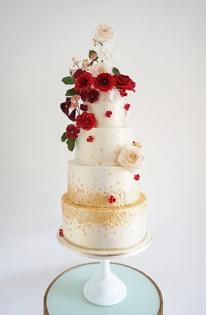Deep Red Rose on a champagne lustred cake with gold sequins. - Cobi & Coco Cakes