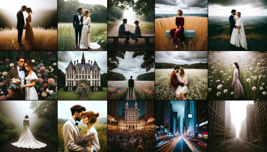 A collage of wedding photographs showcasing different styles, including doc