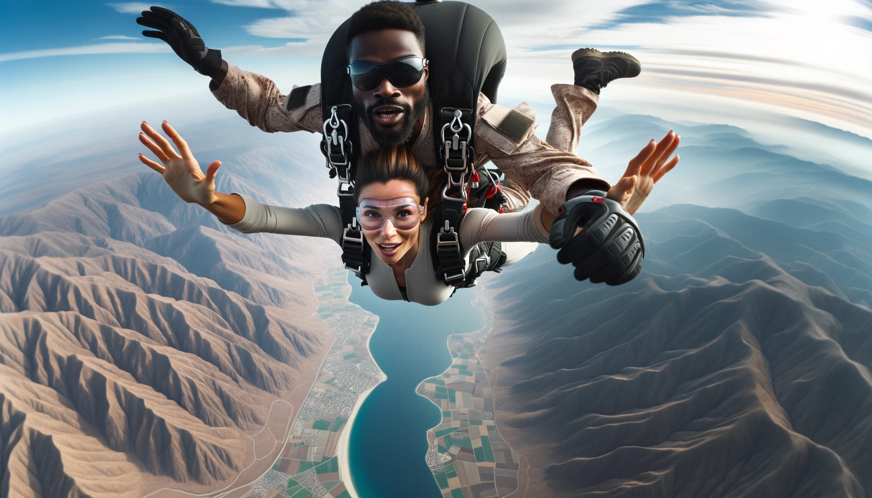 A photograph of a couple skydiving over a scenic landscape. The couple is w