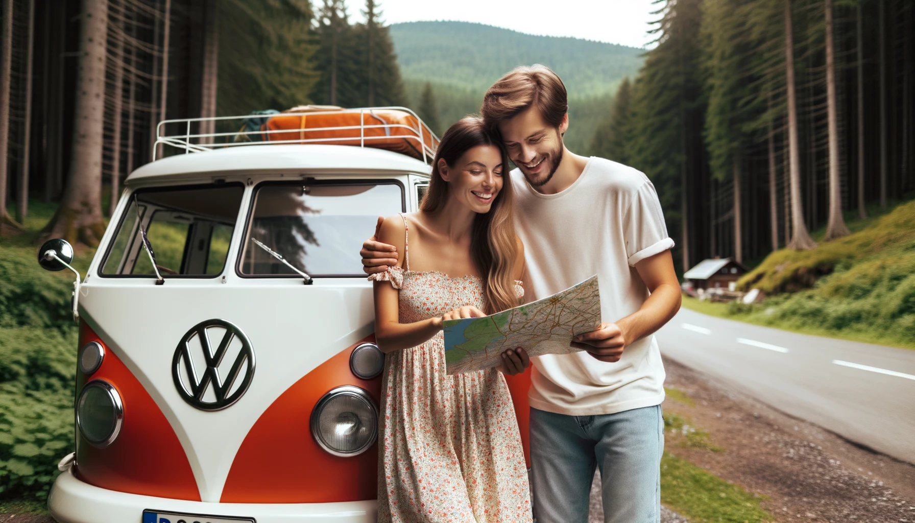 A photograph of a couple standing next to a vintage Volkswagen camper van. 