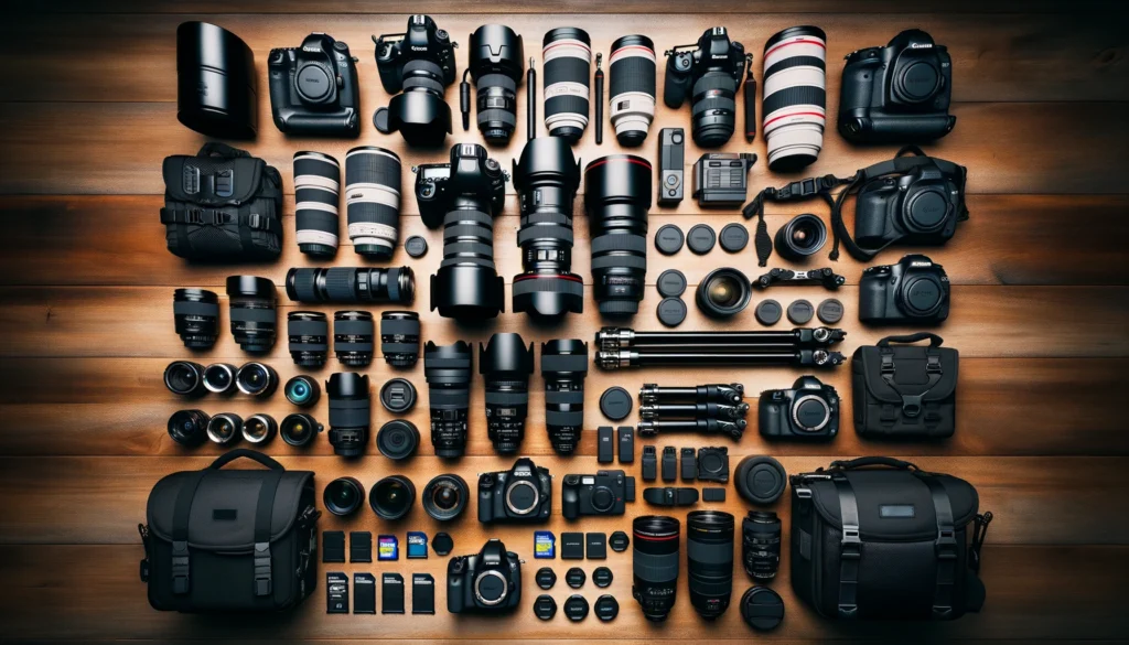 A photograph of the photographer's camera gear, including multiple cameras,