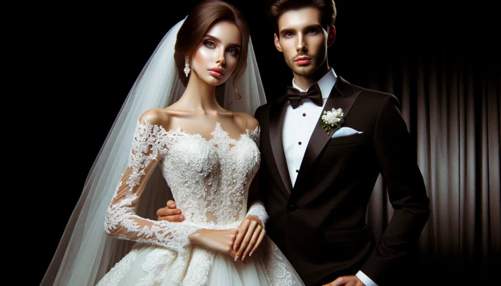 A posed photograph of the bride and groom in a classic wedding pose. The im