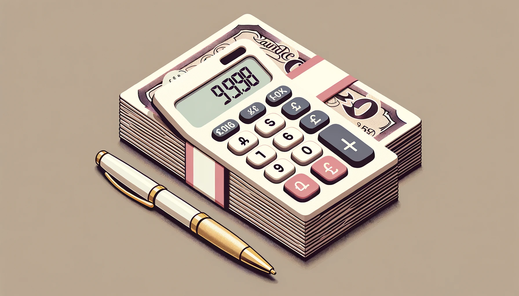 A stack of dollar bills with a calculator and a pen on top. The background 