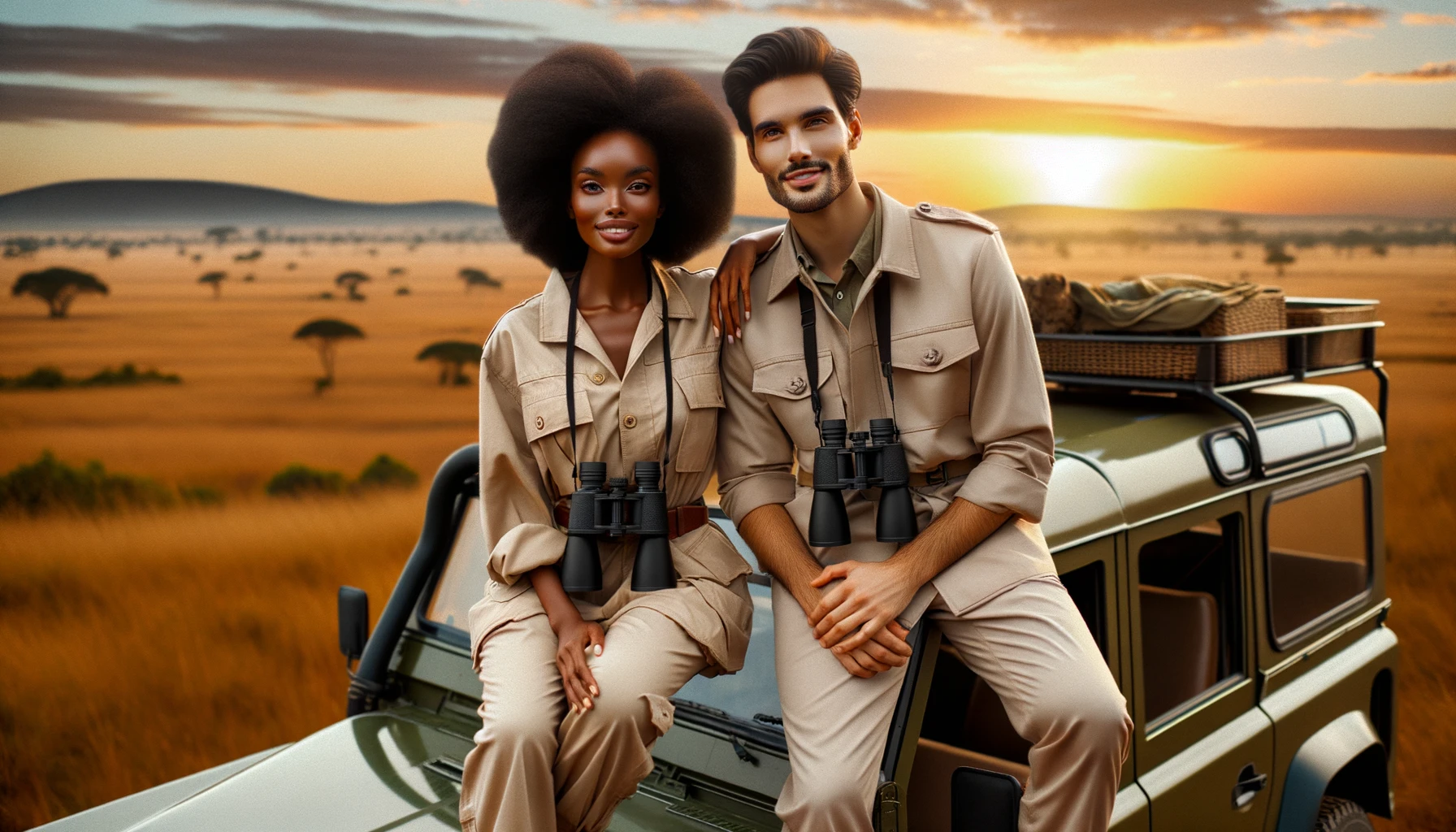 A stunning photograph of a couple standing on a safari jeep, with a backdro