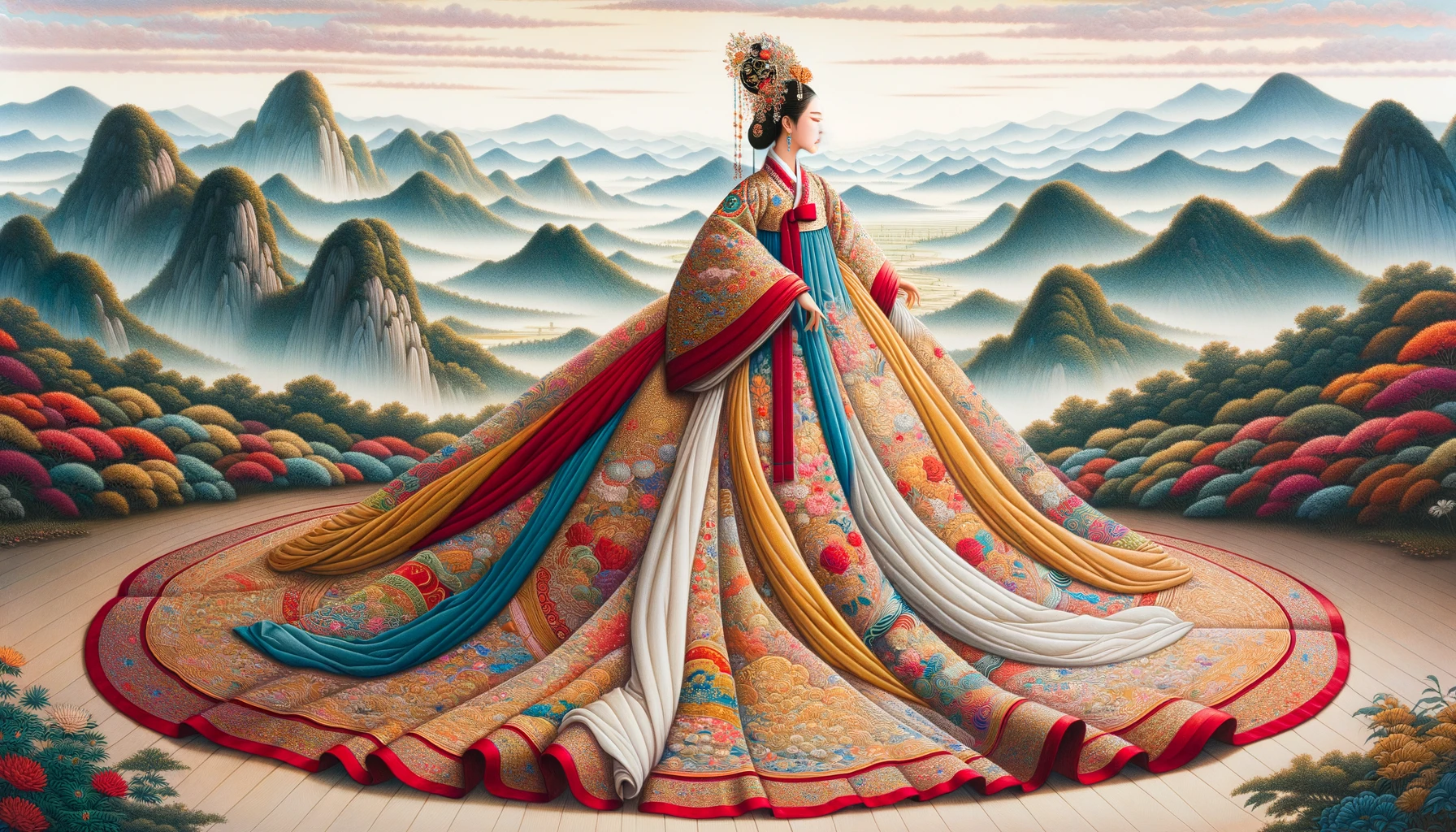 An illustration depicting a bride from Imperial Korea wearing a brightly co