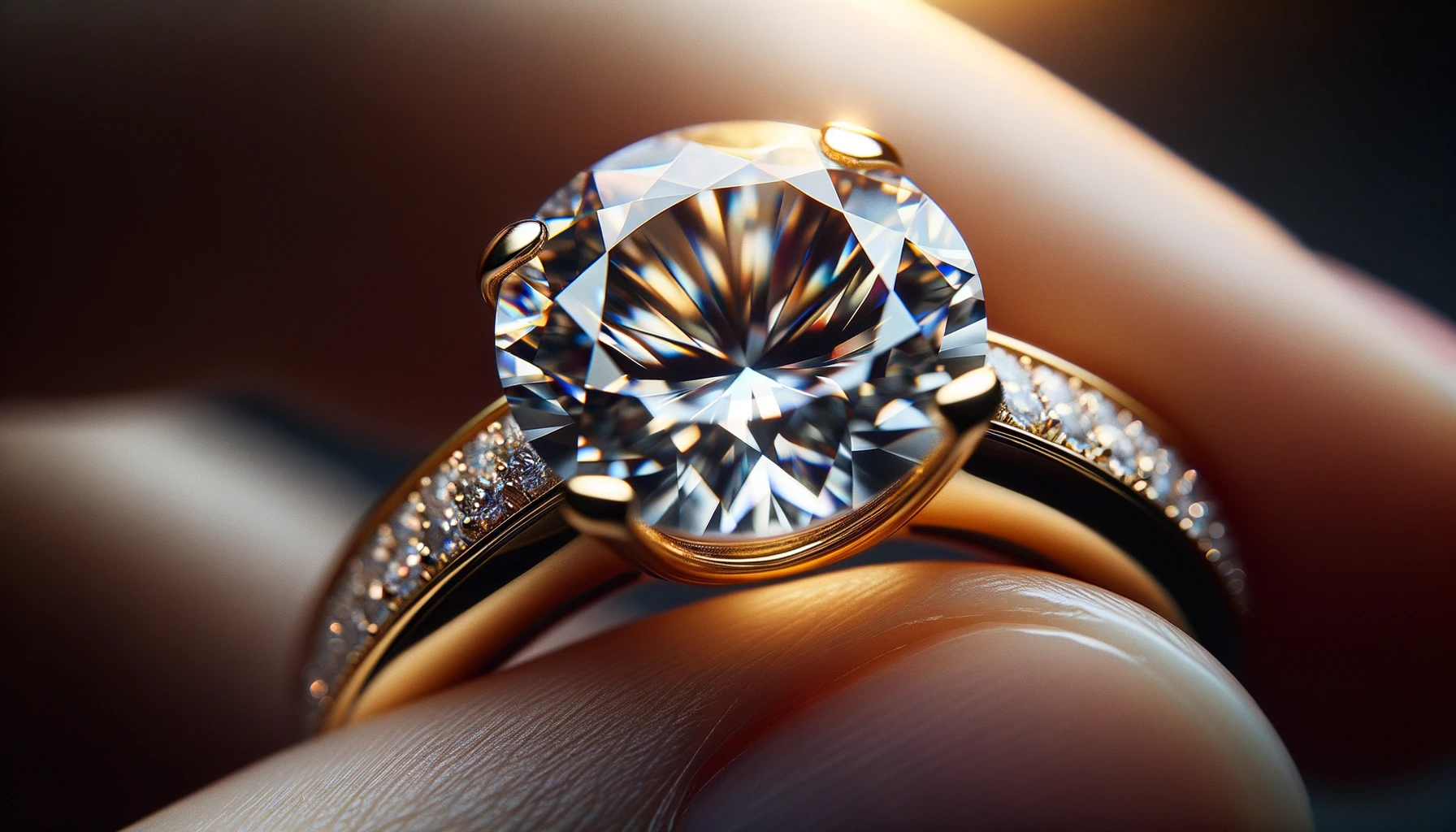 A close-up photograph of a sparkling diamond set in a gold ring. The diamon