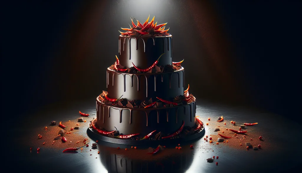 A decadent three-tiered chocolate wedding cake with a glossy ganache finish