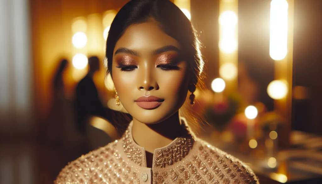 A vibrant photograph of a model with medium skin tone wearing a rose gold m