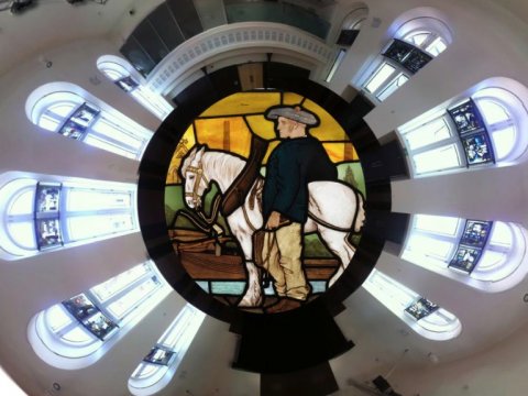Our historic stained glass is on show around the Halls, but especially in the Main Hall. - Maryhill Burgh Halls