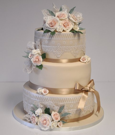 Champagne Lace Wedding Cake - Cakephoria