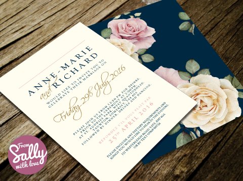 Typographic wedding invitations. with watercolour illustrations of roses in blush and ivory on the back of each page and the couples dog of the wedding map - From Sally with Love