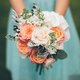 Miss Piggy Roses , white hydrangea with peach David Autstin roses with silver foliage in this bridesmaids bouquet - Sharon Mesher Wedding Flowers 