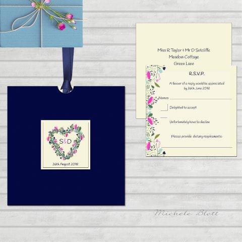 Floral navy and pink pocket wedding invitation - Elegant Wedding Stationery and Luxury Table Plans