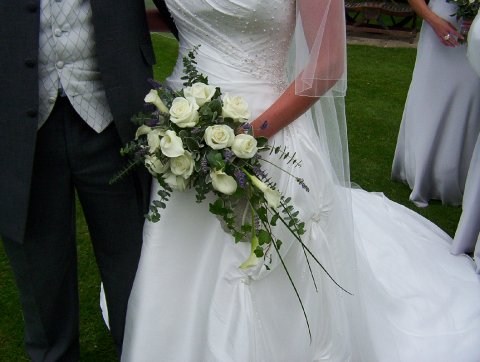 crescent bouquet of ivory roses, ivory calla and lavender - Yorkshire rose florist