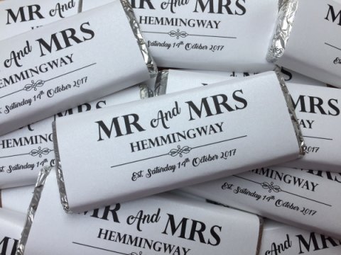 Mr & Mrs on White Shimmer Paper Chocolate Bar Favours - WrapperStar