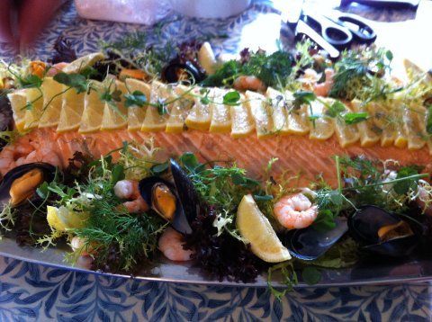 Dressed salmon with mussels and tiger prawns - Topline Catering Ltd