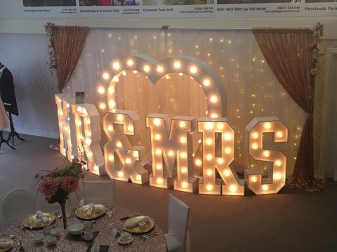 wedding backdrop light up letters - Ellis Events - Creative Chair Cover Hire and Venue Styling