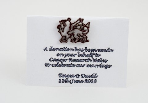 Wedding Favour with Red Dragon Pin - Cancer Research Wales - Wedding Favours