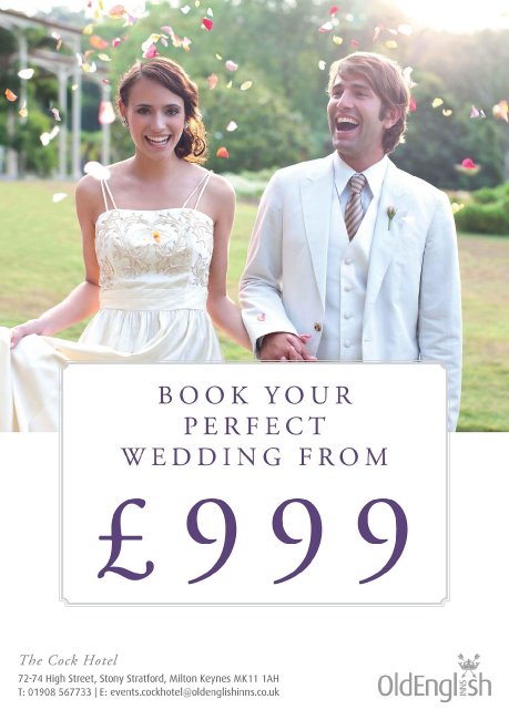 Wedding Packages for up to 50 guests from £999 (includes a 3 course meal, glass of wine and glass of fizz) - The Cock Hotel, Stony Stratford, Milton Keynes