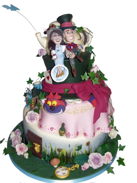 Wedding cake based upon "Alice in Wonderland" with ploymer clay cake toppers. - The Incredible Cake Company