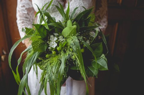 Natural lush green and white bridal bouquet and Claire Pettibone wedding gown - Pamella Dunn Events
