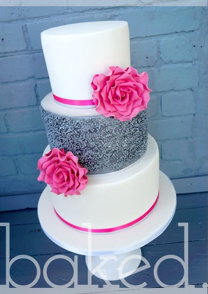 Silver sequine cake with hot pink sugar roses - Baked Cupcakery