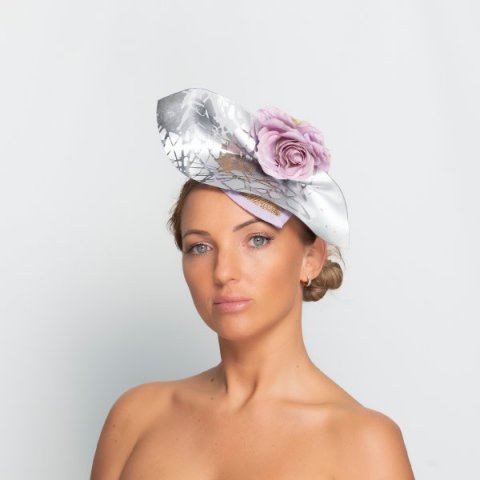 Futuristic mother-of-the-bride headpiece with pink rose. - Katherine Elizabeth Millinery