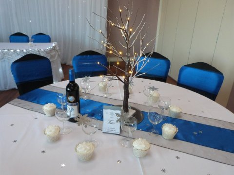 Winter setting with total blue sashes and led tree centrepiece - Twinkles and Tiaras