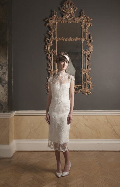 Beaded lace dress knee length. High neck with cap sleeves. - Kate Edmondson Bridal Couture