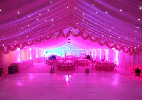 Ivory Starlight, White Dance Floor and Pink Lighting - Marquees Direct 